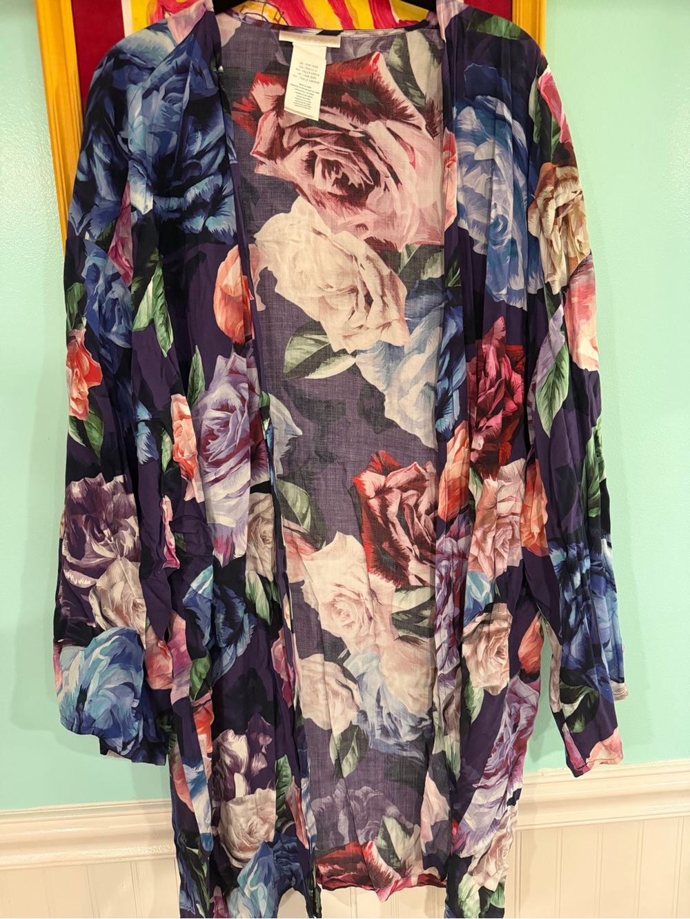 Floral Open-Front Kimono Jacket - Navy Multicolor, One Size, $15